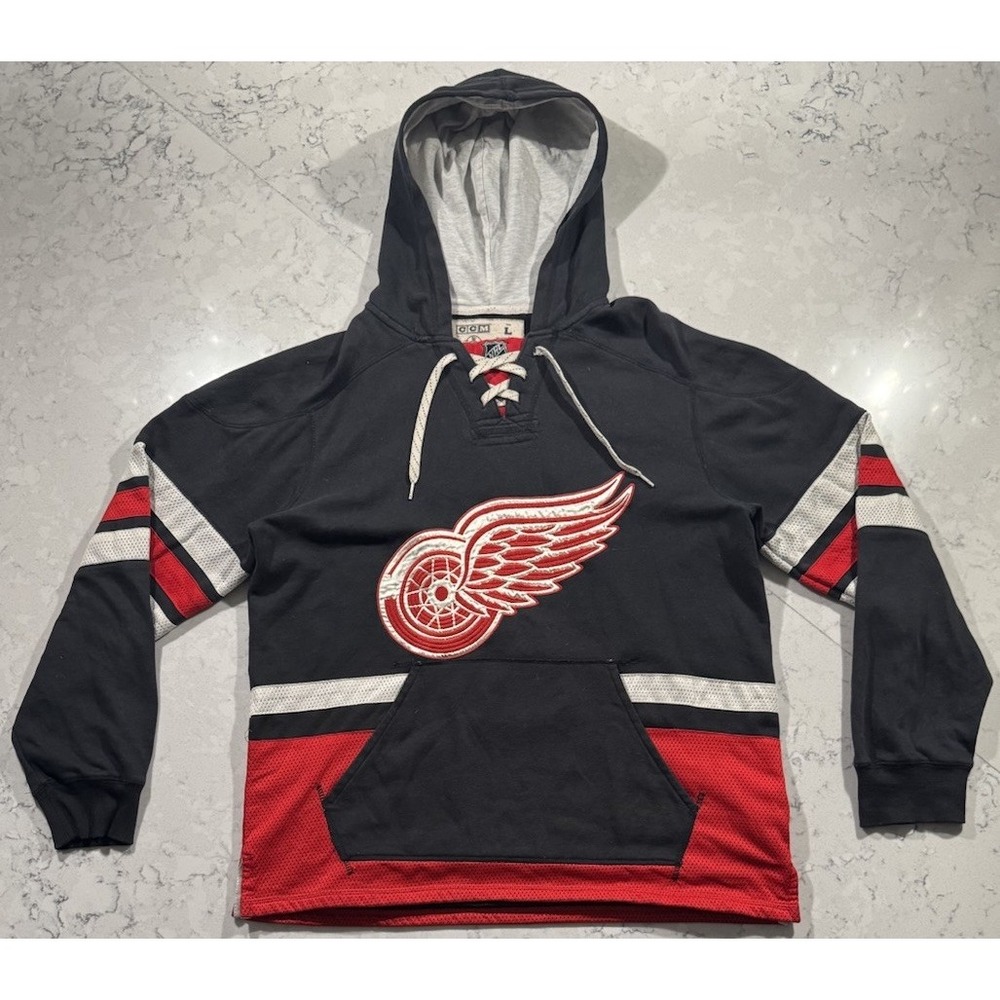 Detroit Red Wings CCM Lace Up Hoodie Sweatshirt Mens Large Black Pullover NHL
